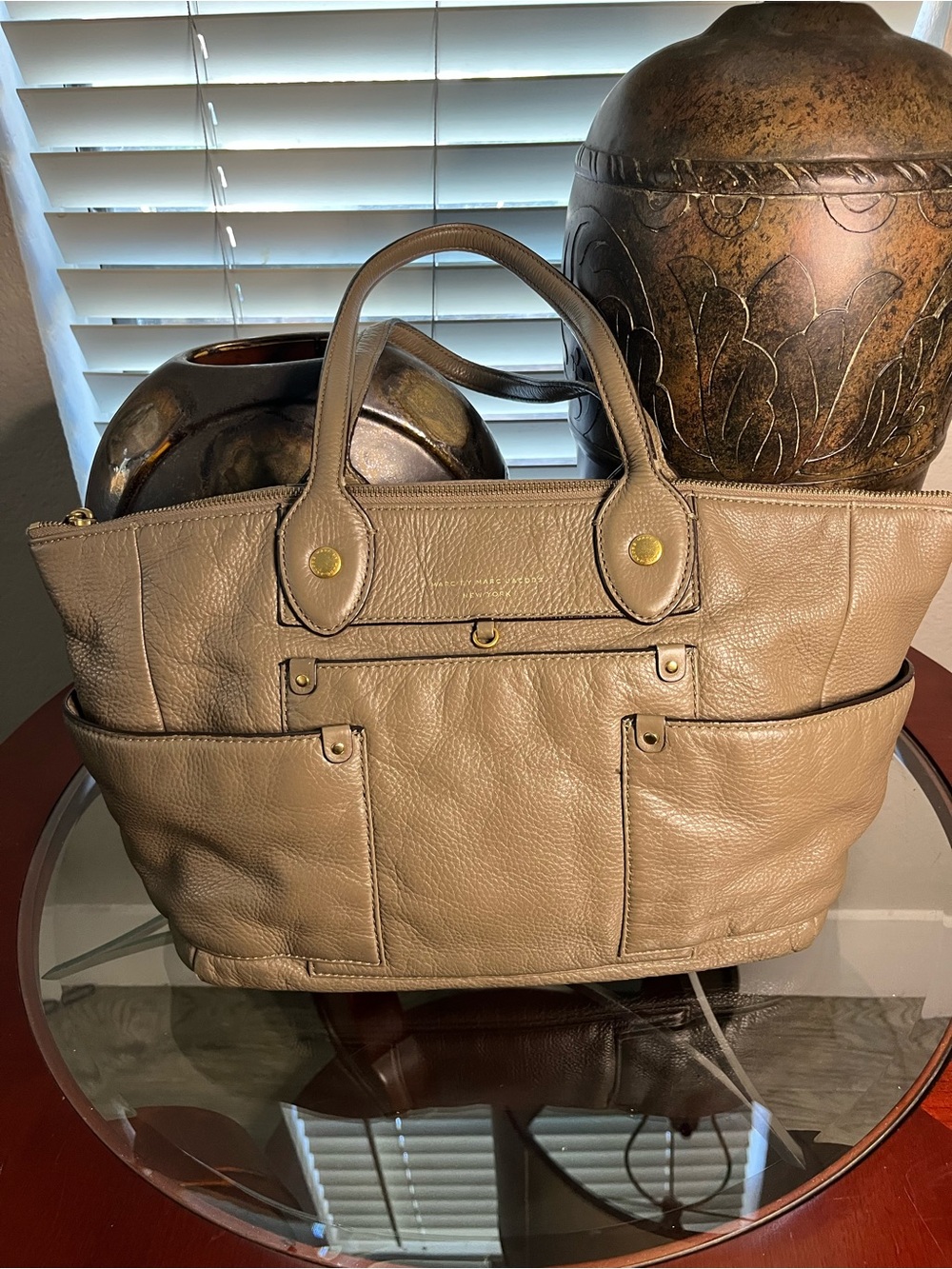Marc Jacobs Taupe Leather Tote with Exterior Pockets